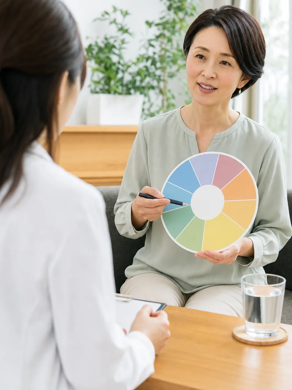 更年期の健康を相談する日本人女性（自然な縦位置写真）。更年期相談、女性の健康、更年期、婦人科相談の記事や案内に使える商用素材です。