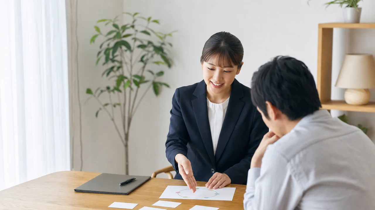 保障を説明する日本人保険担当者（横長・コピースペース）。保険営業、保障相談、ライフプラン、金融サービスの記事向け素材です。