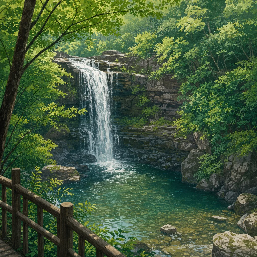 森を流れる滝の背景（正方形デザイン）。滝、森林、清流、自然背景に使える素材です。