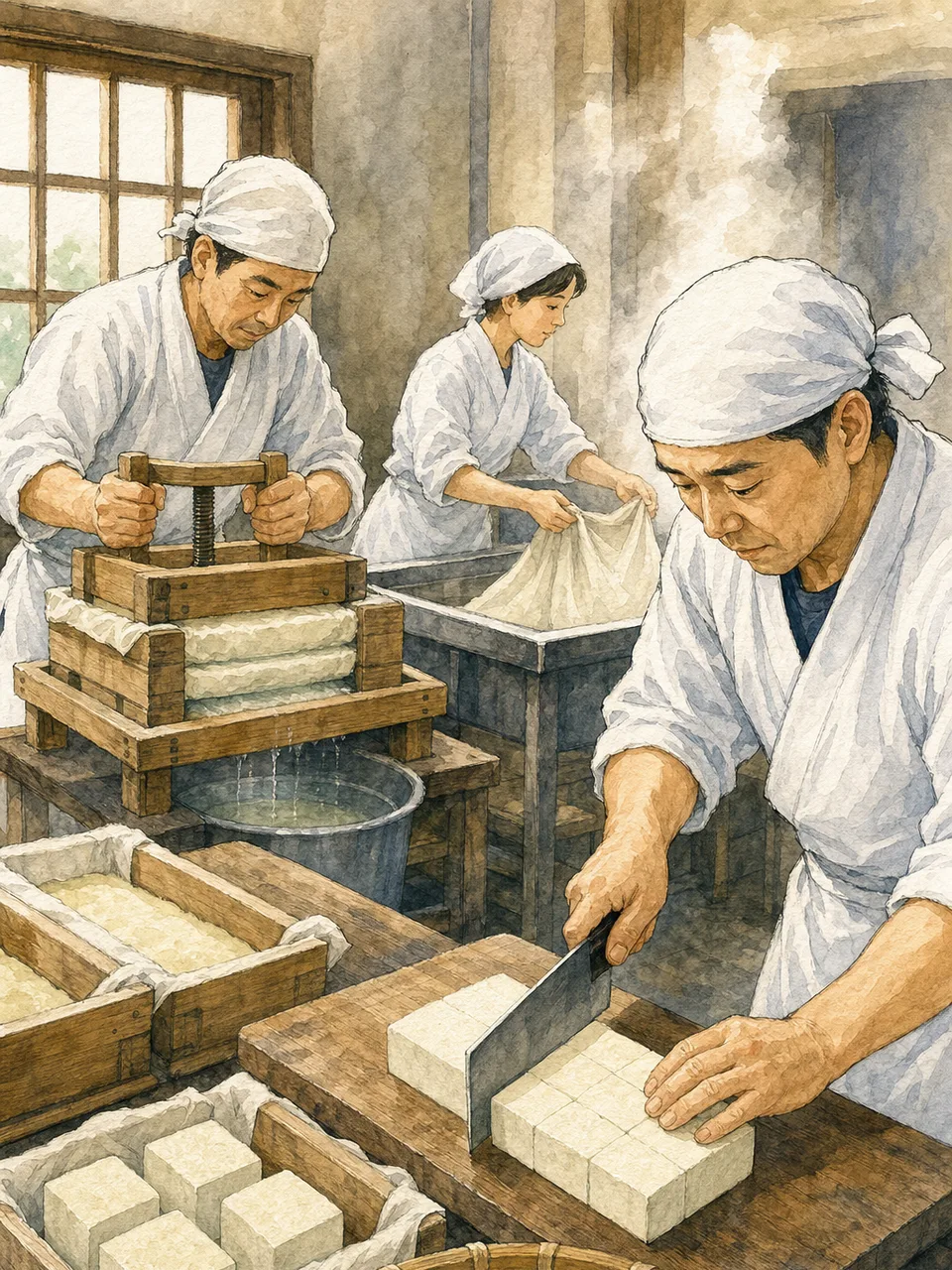 豆腐を作る日本人職人（手描き水彩）。豆腐作り、豆腐職人、大豆、食品製造の記事や案内に使える商用素材です。