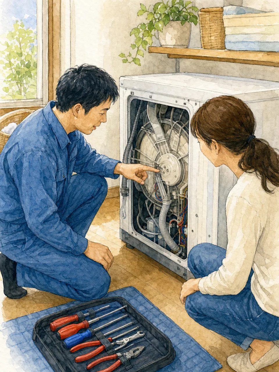 家電を点検する日本人修理技術者（手描き水彩）。家電修理、修理技術者、メンテナンス、暮らしの記事向け素材です。