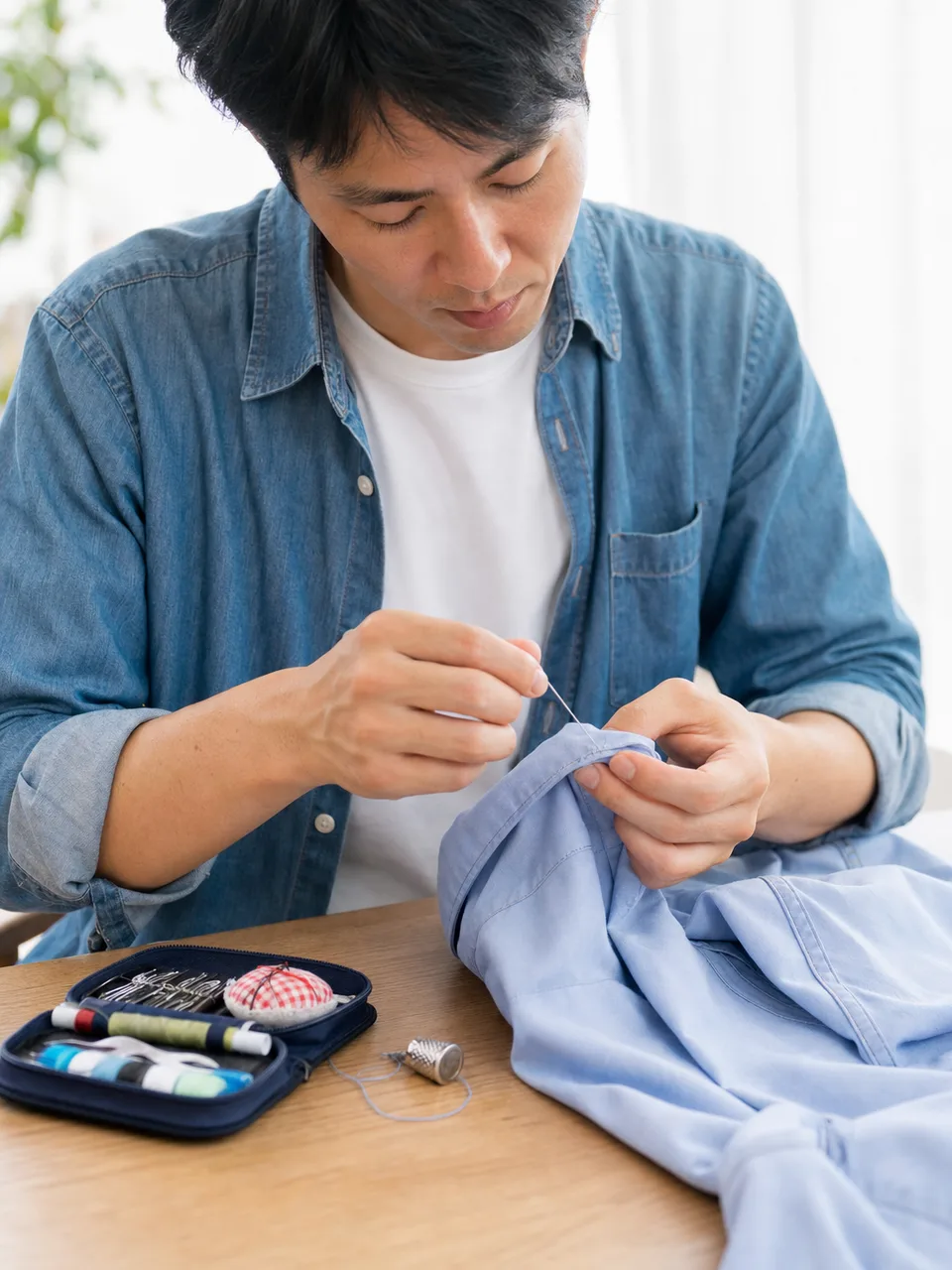 洋服を修繕する日本人（自然な縦位置写真）。洋服の修繕、繕い物、衣類、持続可能な暮らしの記事向け素材です。
