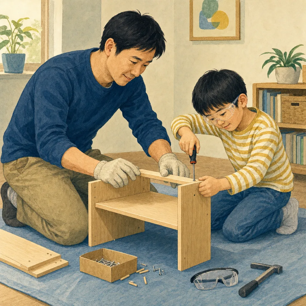 DIYに取り組む日本人の父と息子（編集記事向け）。父と息子、DIY、親子、ものづくりの記事向け素材です。