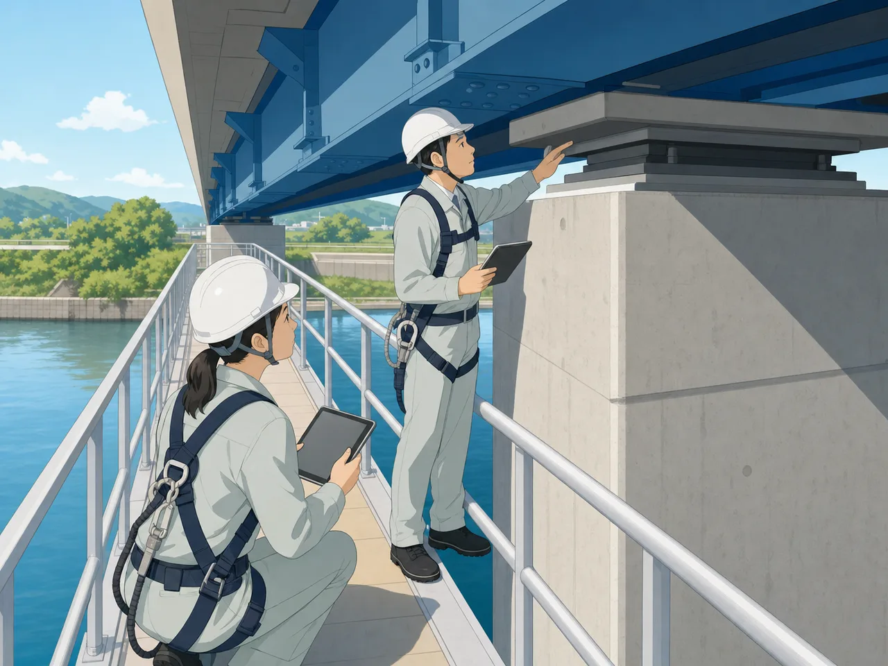 橋梁を点検する日本人土木技術者（フラットイラスト）。橋梁点検、土木技術者、インフラ点検、橋の記事や案内に使える商用素材です。