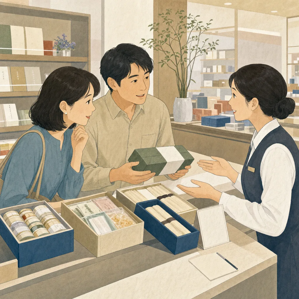 お中元を選ぶ日本人（編集記事向け）。お中元、夏の贈り物、季節の挨拶、ギフトの記事向け素材です。
