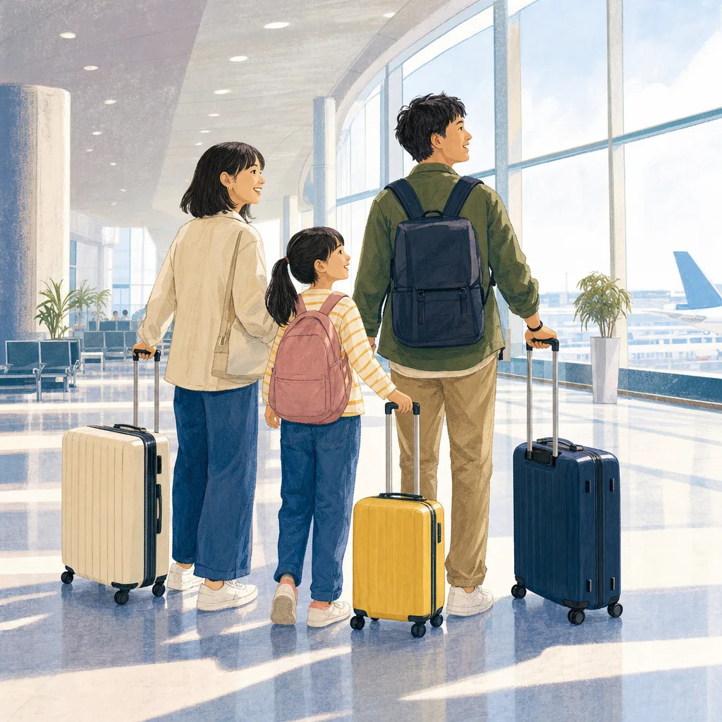 空港から旅行へ出発する日本人家族（編集記事向け）。空港、海外旅行、家族旅行、旅行保険の記事に使える出発場面です。