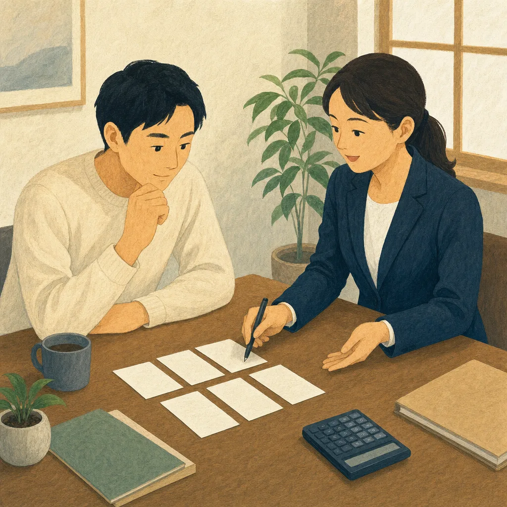 確定申告を相談する日本人（編集記事向け）。確定申告の準備、個人の税務相談、確定申告、税理士の記事や案内に使える商用素材です。
