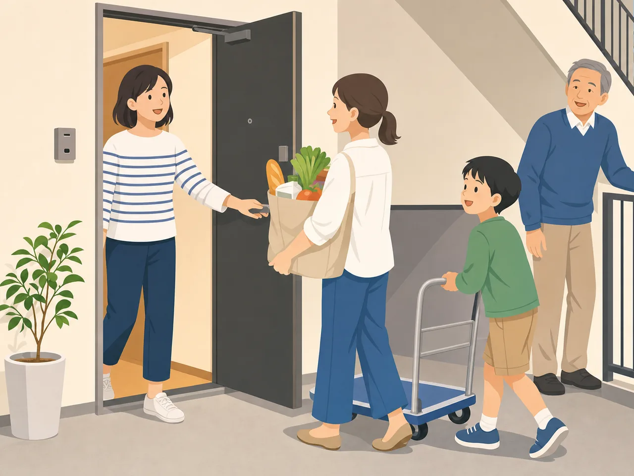 助け合う日本人の近所の人々（フラットイラスト）。近所付き合い、助け合い、地域交流、日常の記事向け素材です。