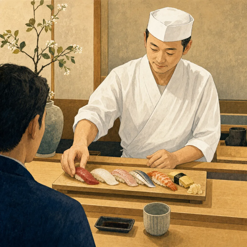 寿司を握る日本人職人（編集記事向け）。寿司、日本料理、職人、飲食店の紹介に使える調理場面です。