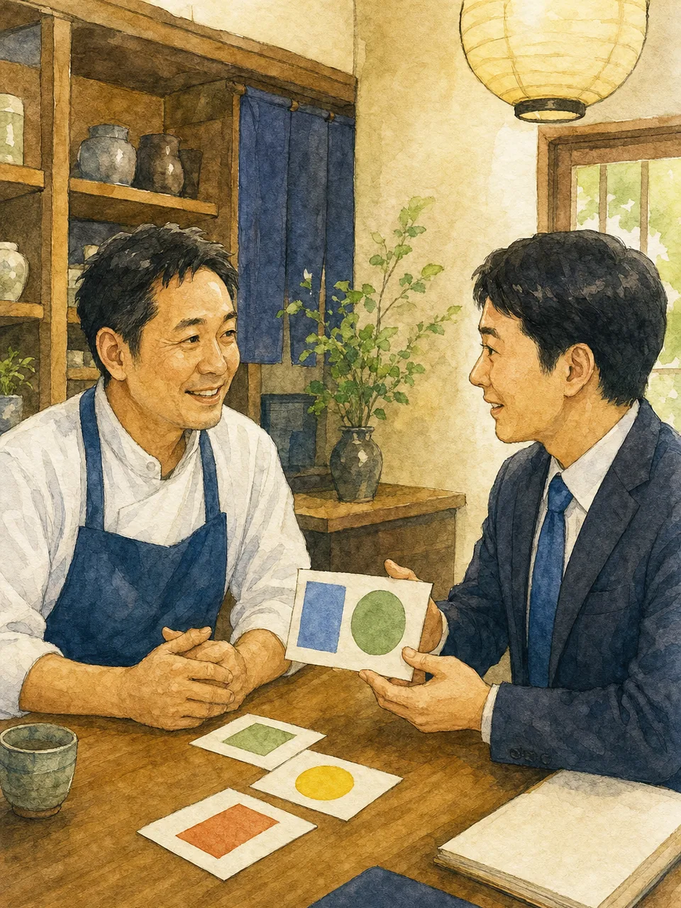 地域金融機関で相談する日本人事業者（手描き水彩）。地域金融、信用金庫、事業相談、中小企業支援の記事や案内に使える商用素材です。