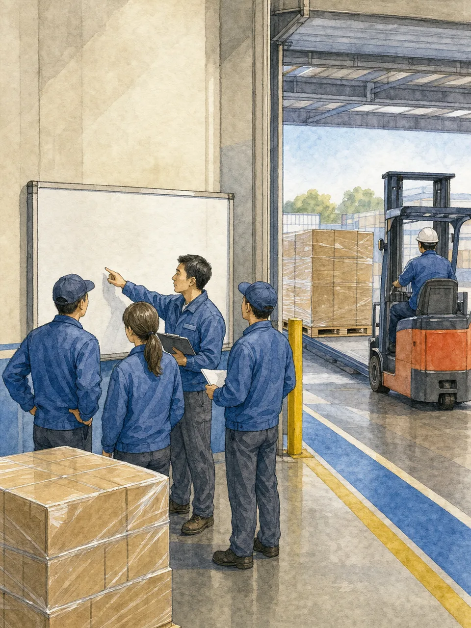 物流センターで出荷を管理する日本人（手描き水彩）。物流センター、出荷管理、サプライチェーンの記事に使える素材です。
