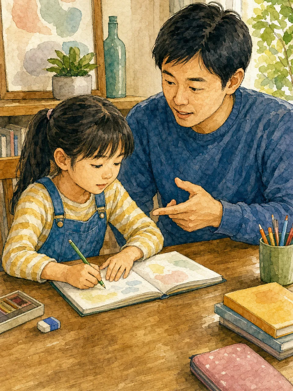 宿題に取り組む日本人の父と娘（手描き水彩）。父と娘、宿題、家庭学習、子育ての記事向け素材です。