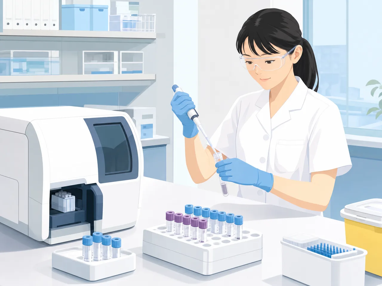 検体を扱う日本人臨床検査技師（フラットイラスト）。臨床検査技師、検査室、医療技術、チーム医療の記事向け素材です。