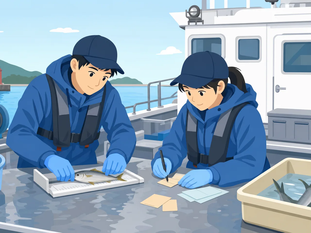 水産資源を調査する日本人（フラットイラスト）。水産資源調査、漁業、魚類調査、海洋研究の記事や案内に使える商用素材です。