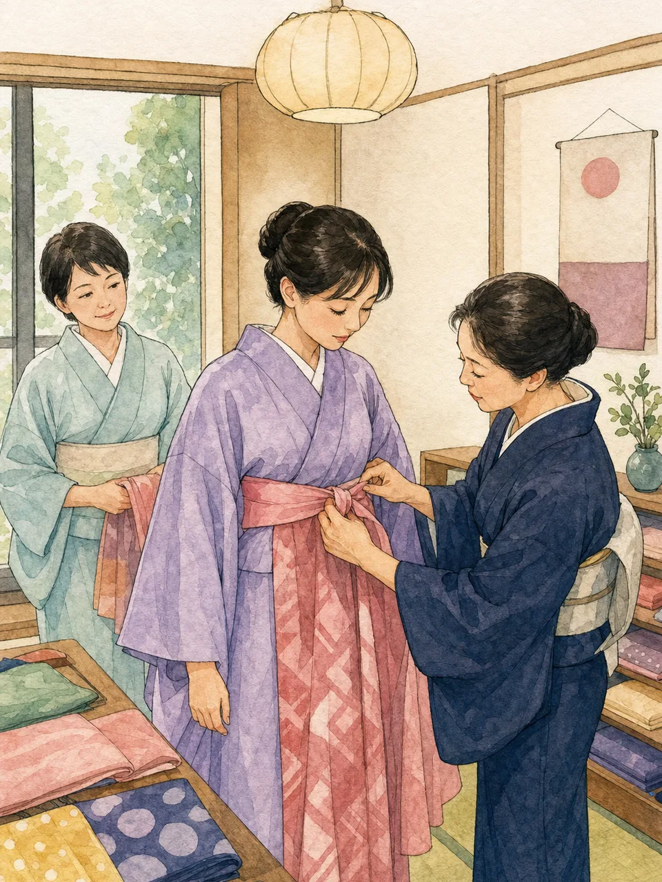 着物の着付けを学ぶ日本人（手描き水彩）。着付け、着物、和装、伝統文化の記事や案内に使える商用素材です。