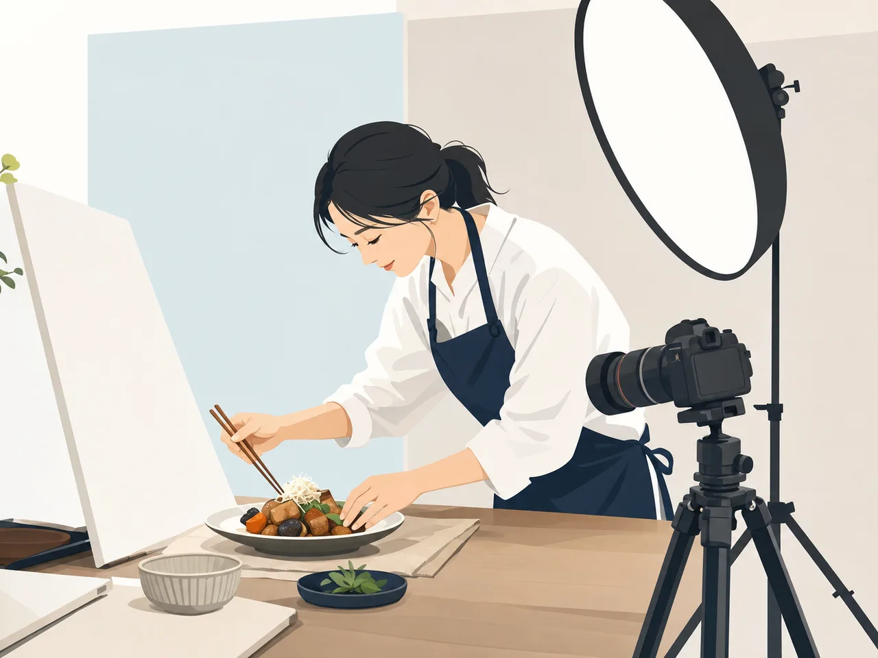 料理を撮影する日本人フォトチーム（フラットイラスト）。料理撮影、フードフォト、商品撮影、カメラマンの記事や案内に使える商用素材です。