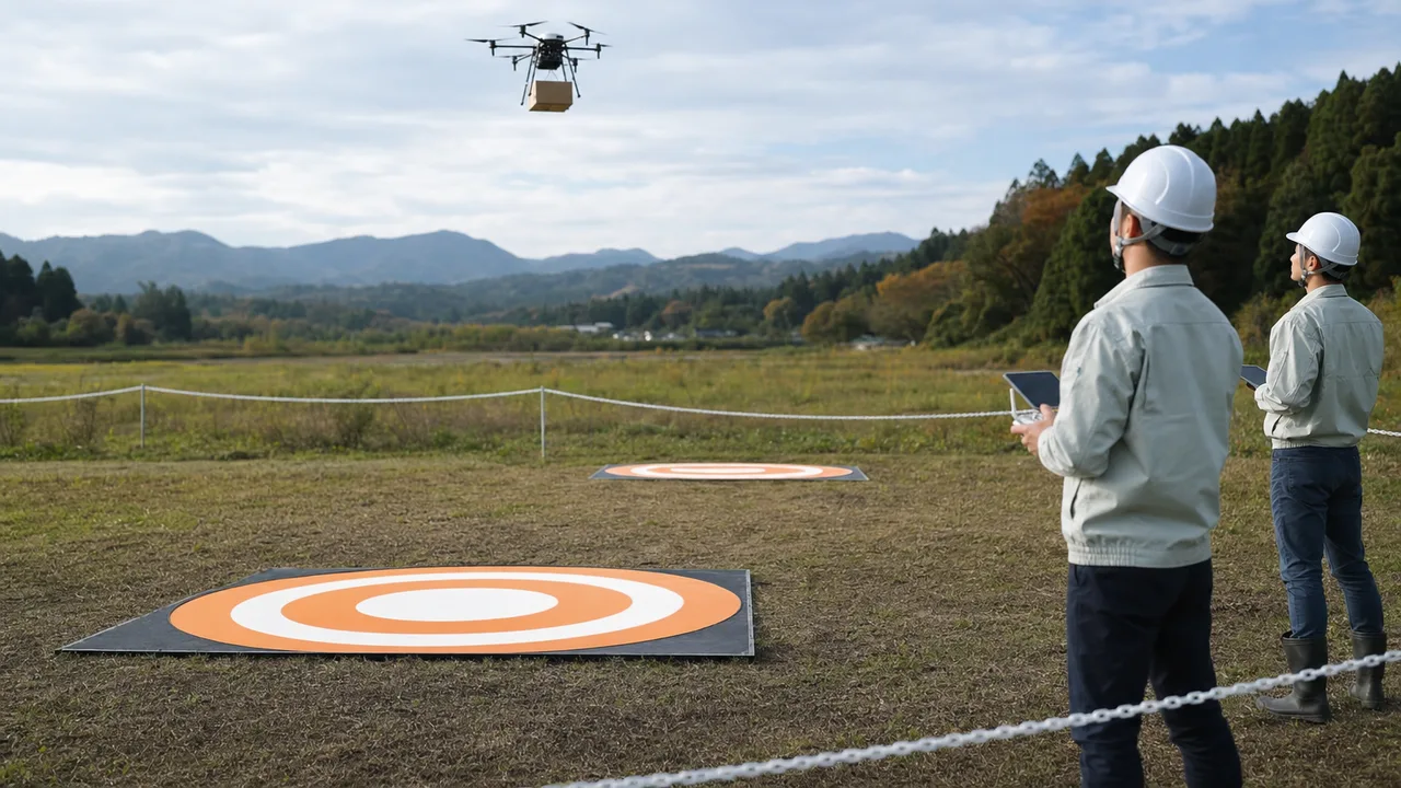 ドローン配送を実証する日本人チーム（横長・コピースペース）。ドローン配送、物流、実証実験、地域配送の記事向け素材です。