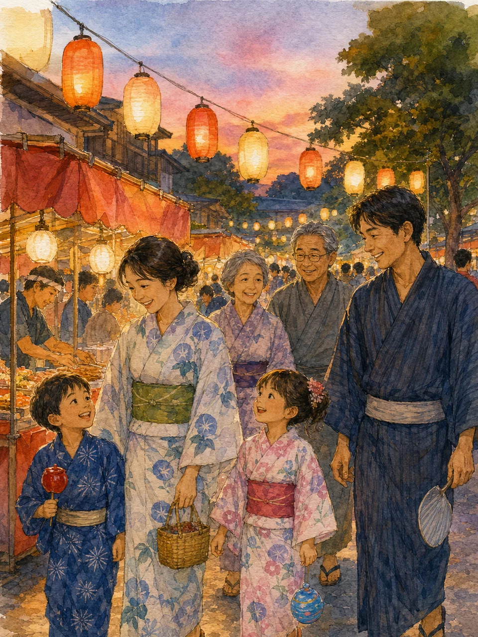 夏祭りを楽しむ日本人家族（手描き水彩）。夏祭り、地域イベント、浴衣、家族のお出かけに使える季節素材です。