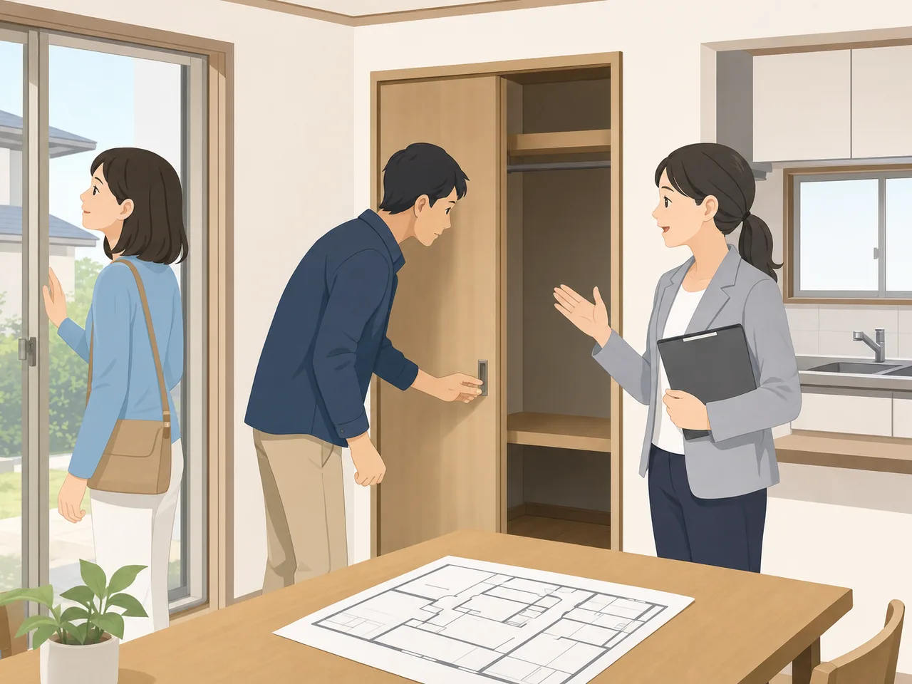 中古住宅の購入を検討する日本人（フラットイラスト）。中古住宅購入、内見、住宅点検、不動産の記事向け素材です。