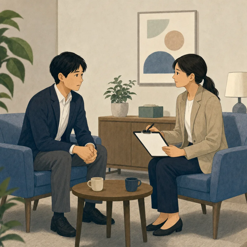 産業保健面談を受ける日本人会社員（編集記事向け）。産業保健、産業医面談、職場の健康、メンタルヘルスの記事や案内に使える商用素材です。