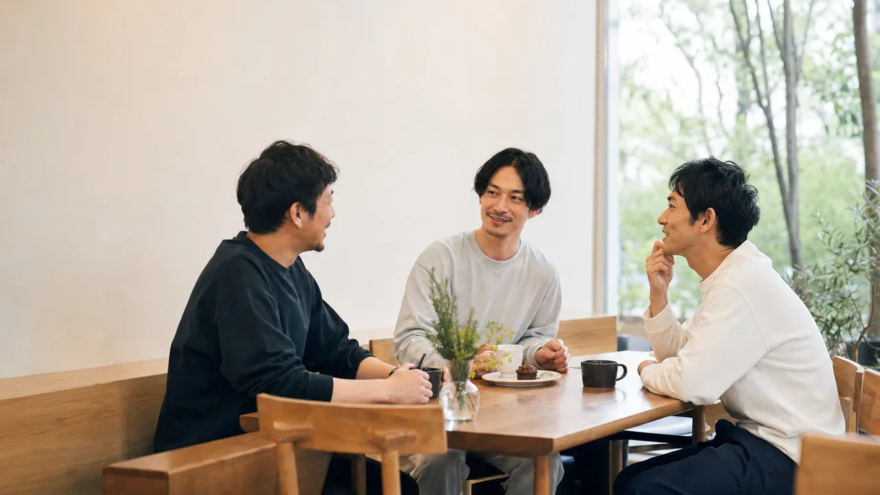 会話を楽しむ日本人の男友達（横長・コピースペース）。男友達、友情、会話、休日の記事向け素材です。