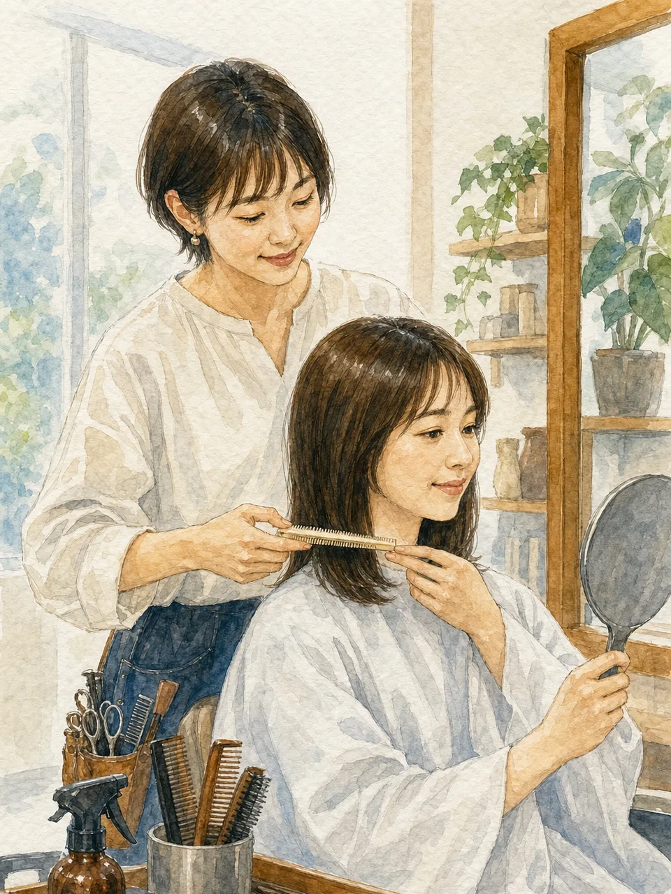 美容室で働く日本人美容師（手描き水彩）。美容師、美容室、ヘアケア、接客の記事に使える素材です。