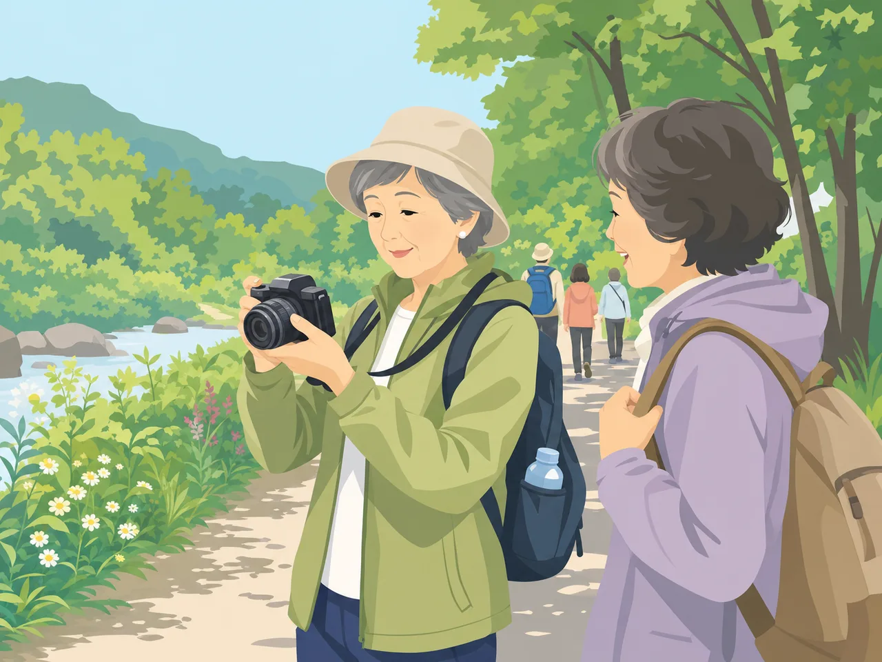 日本人シニア女性の日常（フラットイラスト）。シニア女性、日常、趣味、自立した暮らしの記事向け素材です。