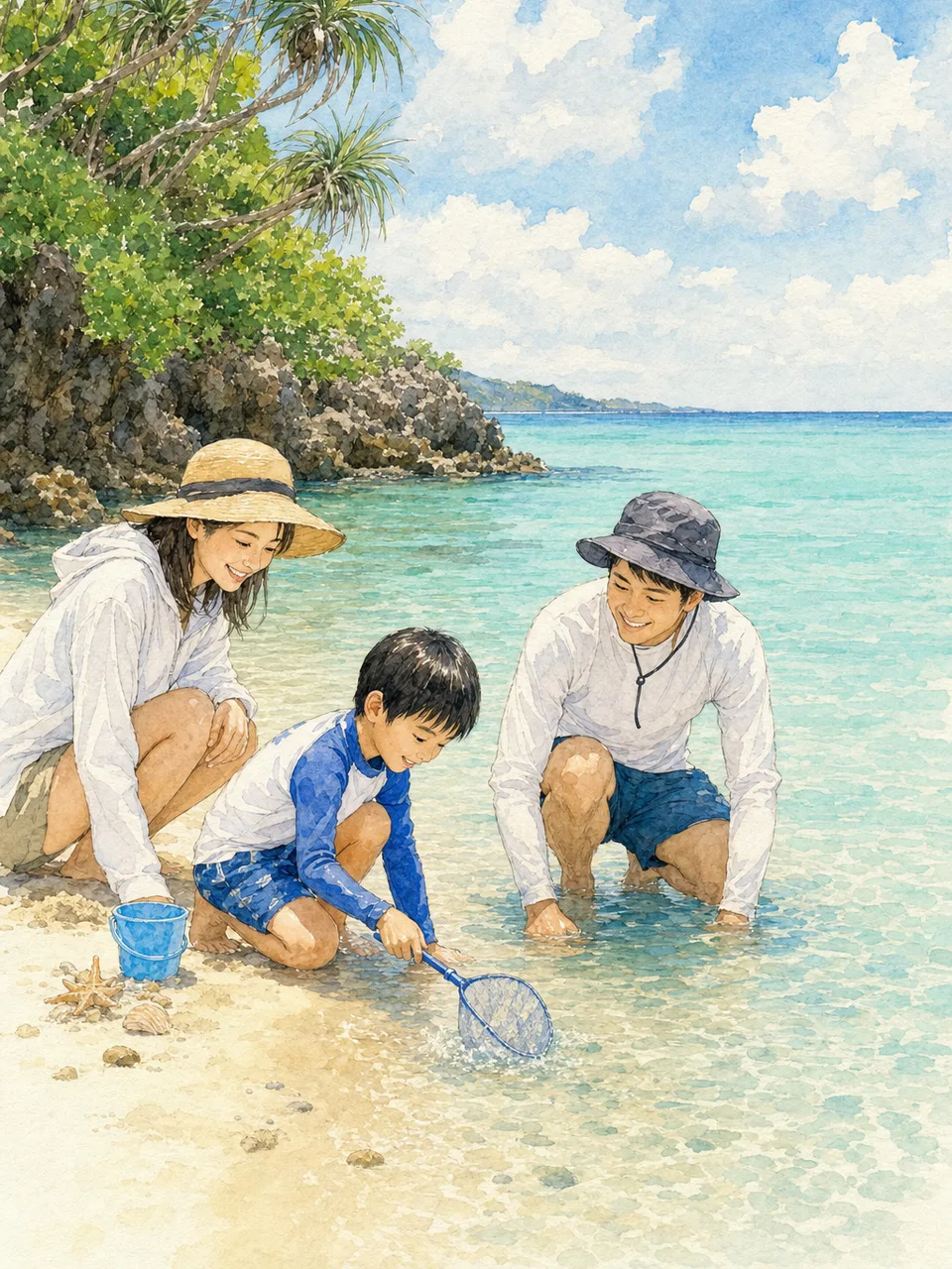 沖縄の海を楽しむ日本人家族（手描き水彩）。沖縄旅行、夏休み、家族旅行、観光キャンペーン向け素材です。