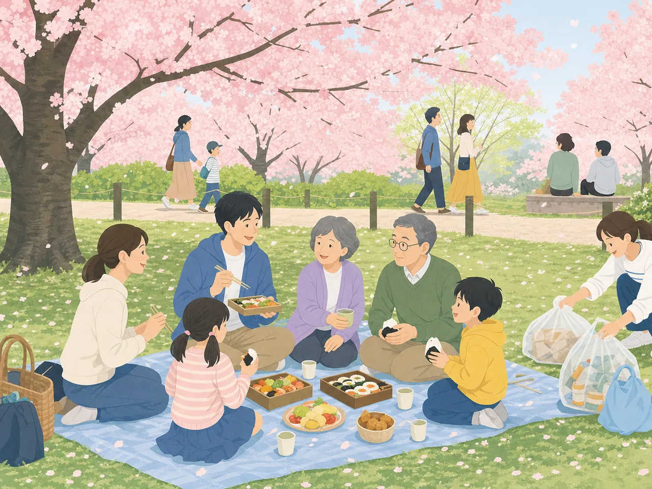 公園でお花見を楽しむ日本人（フラットイラスト）。お花見、桜、春、公園、季節行事の記事向け素材です。