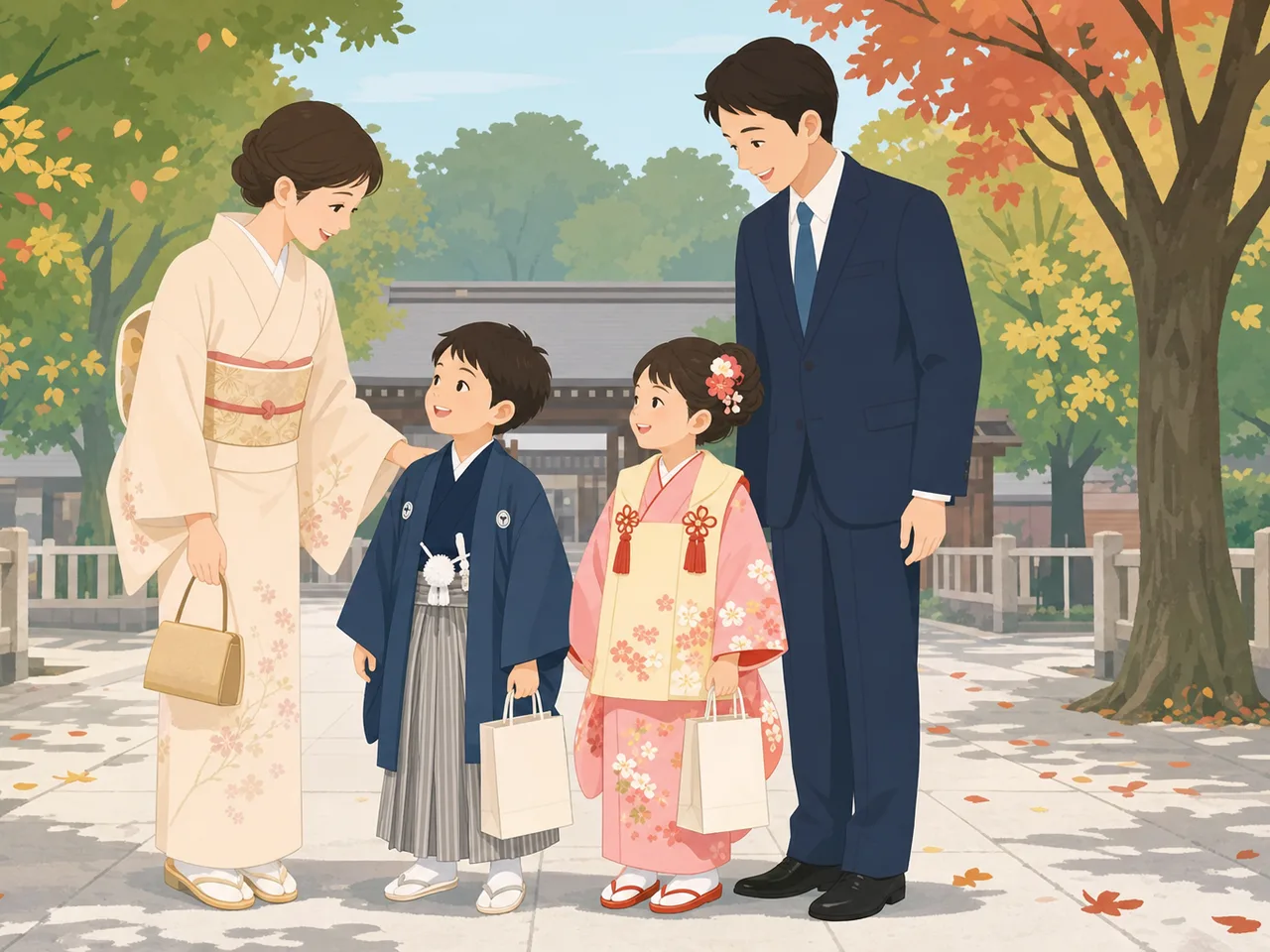 七五三を祝う日本人家族（フラットイラスト）。七五三、家族、子どもの成長、秋の行事の記事向け素材です。