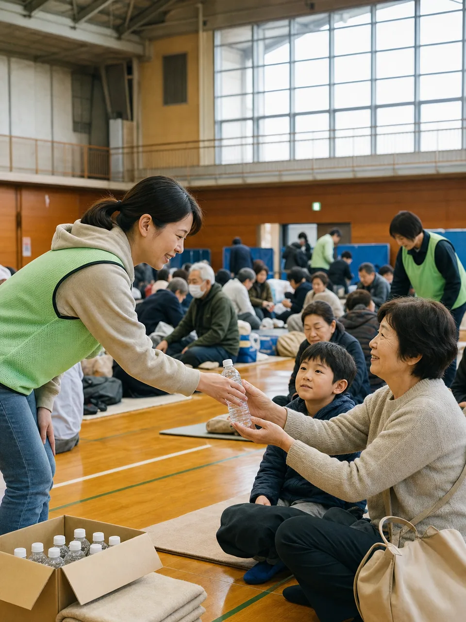 地震後の避難所で支え合う地域住民（自然な縦位置写真）。防災、地震対策、避難所運営、地域支援の記事に使える素材です。