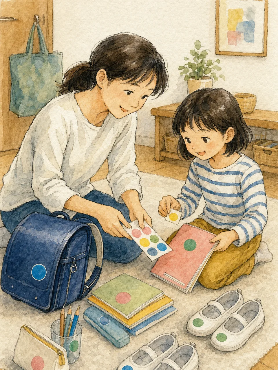 入学準備をする日本人親子（手描き水彩）。入学準備、新生活、小学生、親子の記事向け素材です。