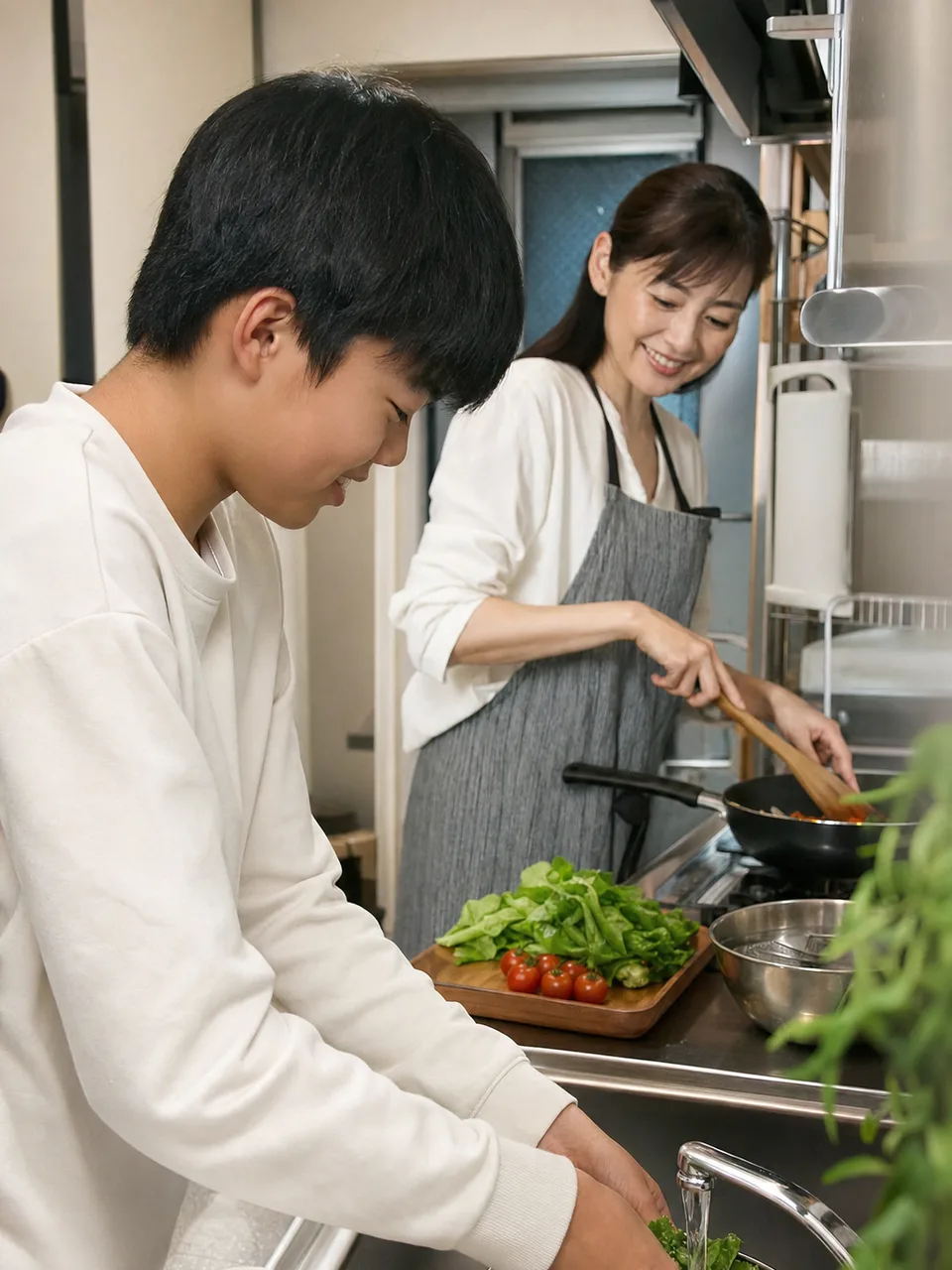 一緒に料理する日本人の母と息子（自然な縦位置写真）。母と息子、親子料理、家事、食育の記事向け素材です。
