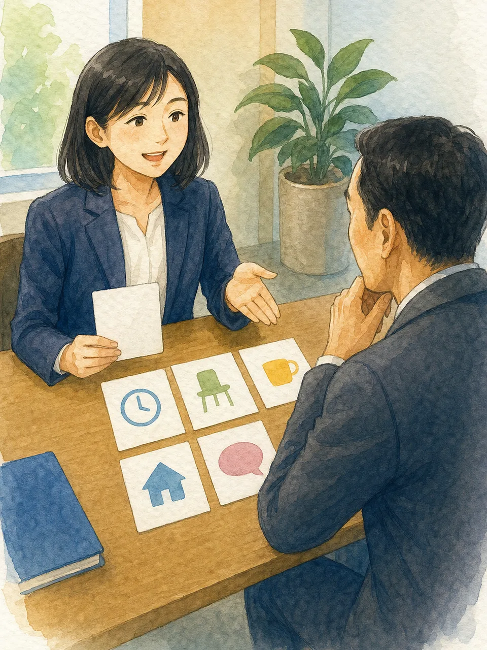 職場の配慮を相談する日本人（手描き水彩）。見えない障害、合理的配慮、職場相談、障害者雇用の記事や案内に使える商用素材です。