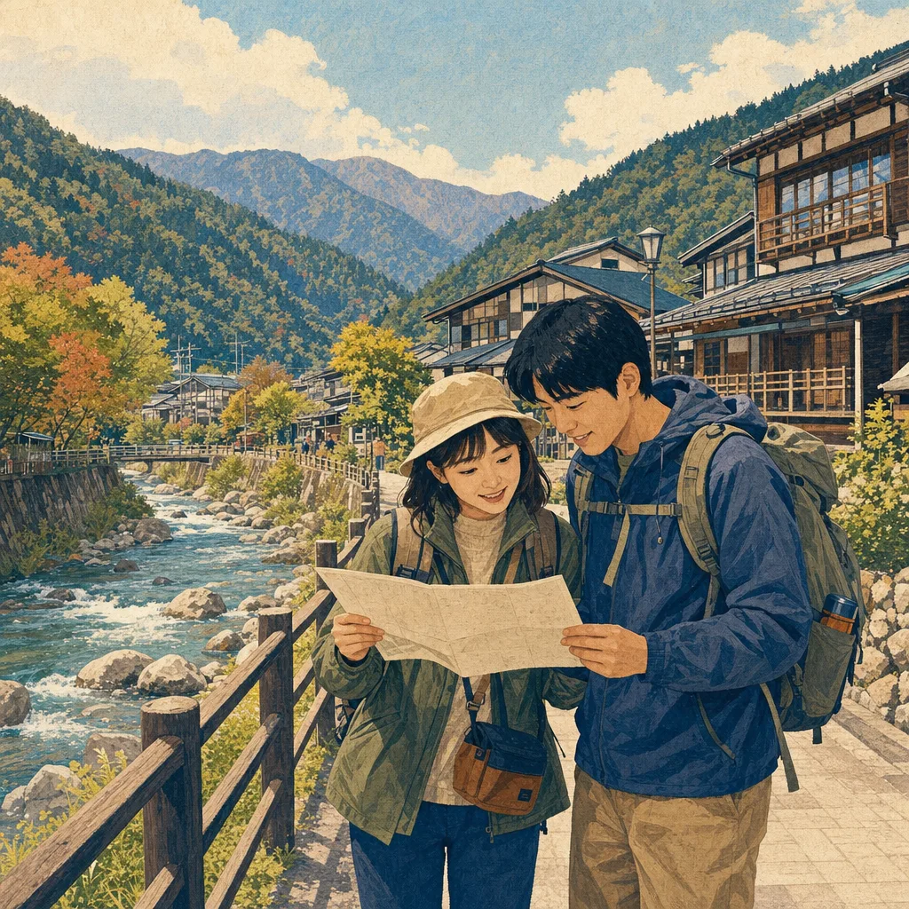 長野の山あいを旅する日本人（編集記事向け）。長野、山岳風景、温泉町、地域旅行の記事向け素材です。