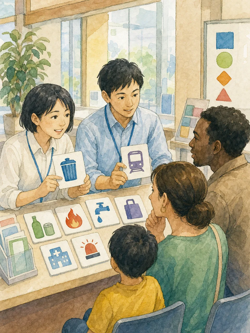 生活情報を確認する外国人住民と日本人職員（手描き水彩）。外国人住民への行政案内、自治体の生活案内、外国人住民、行政案内の記事や案内に使える商用素材です。