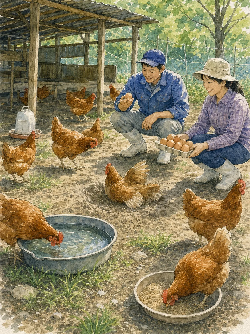 ニワトリを世話する日本人農家（手描き水彩）。ニワトリ、養鶏、農業、動物福祉の記事向け素材です。