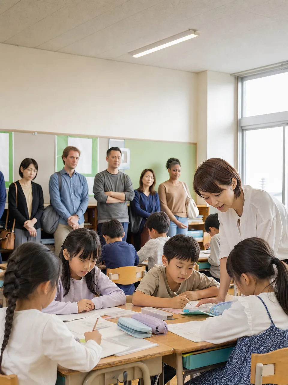 授業参観に参加する日本人保護者（自然な縦位置写真）。授業参観、保護者、学校、子どもの学びの記事向け素材です。