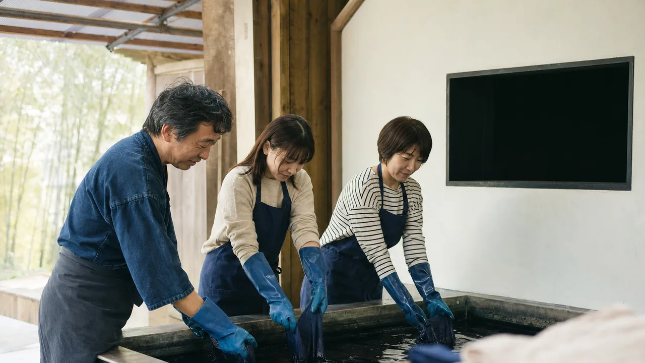藍染めを体験する日本人（横長・コピースペース）。藍染め、伝統工芸、染色、職人体験の記事や案内に使える商用素材です。