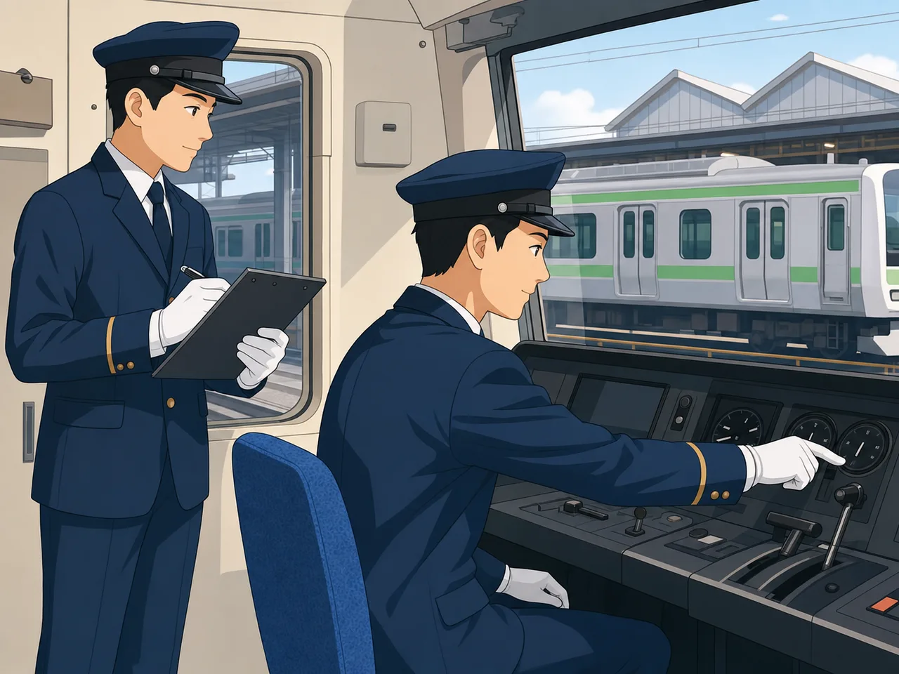 運行前点検をする日本人電車運転士（フラットイラスト）。電車運転士、鉄道、安全運行、公共交通の記事に使える素材です。