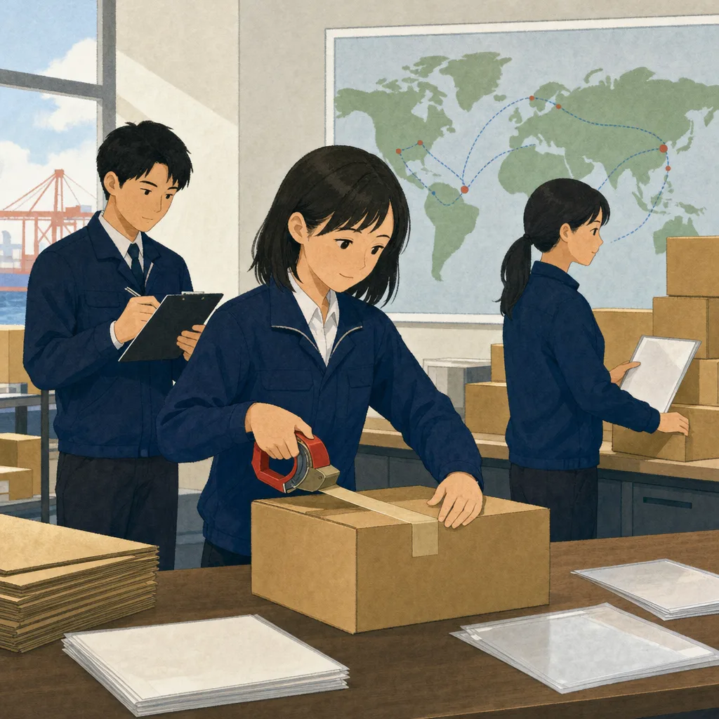輸出手続きを準備する日本人担当者（編集記事向け）。輸出手続き、貿易実務、国際物流、通関書類の記事や案内に使える商用素材です。