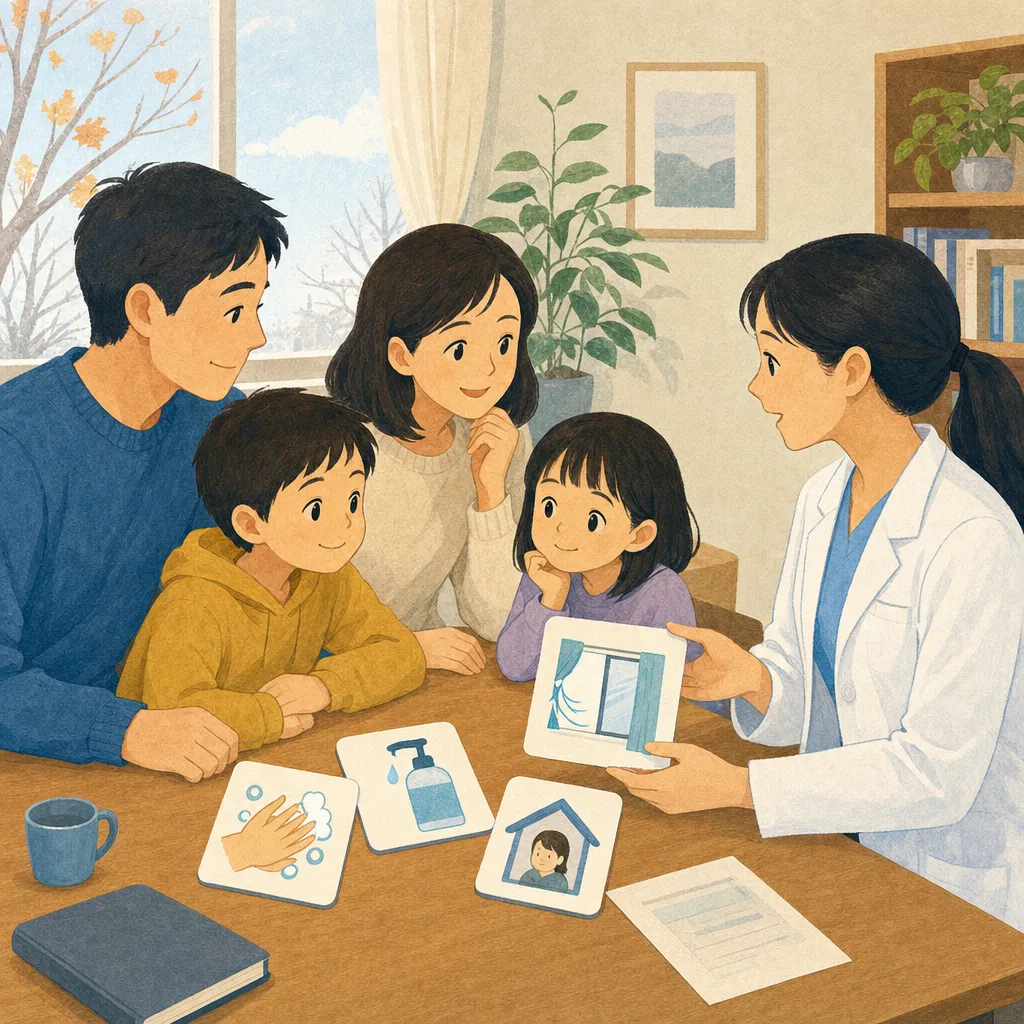 インフルエンザ対策を確認する日本人（編集記事向け）。インフルエンザ、感染対策、予防、医療相談の記事向け素材です。