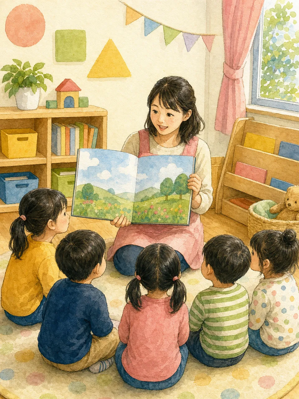絵本を楽しむ日本人の幼児と保育者（手描き水彩）。読み聞かせ、幼児教育、保育園、絵本の記事や案内に使える商用素材です。