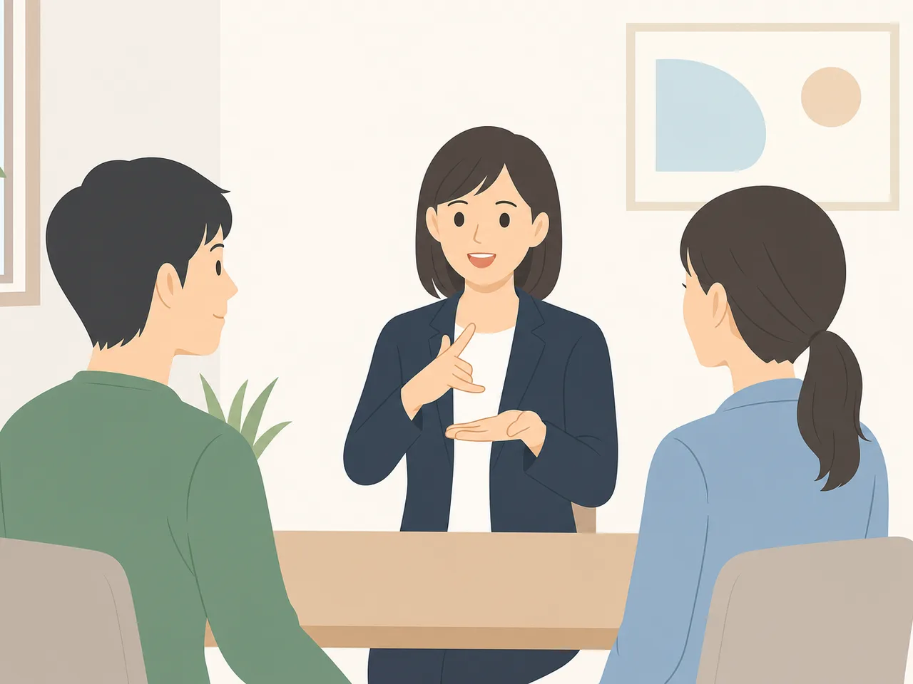 手話通訳をする日本人専門職（フラットイラスト）。手話通訳者、手話通訳、日本手話、聴覚障害の記事や案内に使える商用素材です。