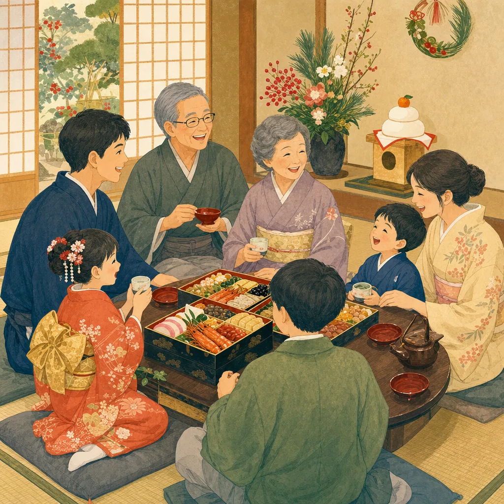 三世代家族で迎えるお正月（編集記事向け）。新年の挨拶や家族向け企画に使える、日本の三世代家族のお正月素材です。