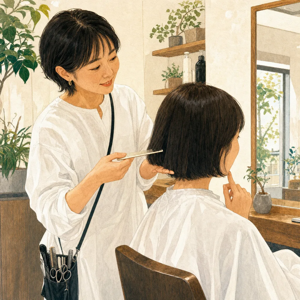 美容室で働く日本人美容師（編集記事向け）。美容師、美容室、ヘアケア、接客の記事に使える素材です。