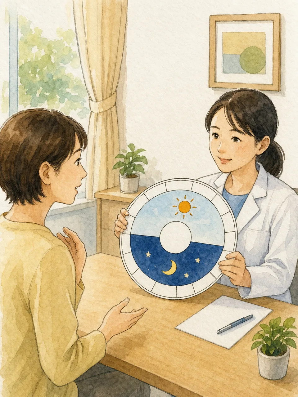 睡眠の悩みを相談する日本人（手描き水彩）。睡眠相談、不眠、睡眠衛生、健康相談の記事や案内に使える商用素材です。