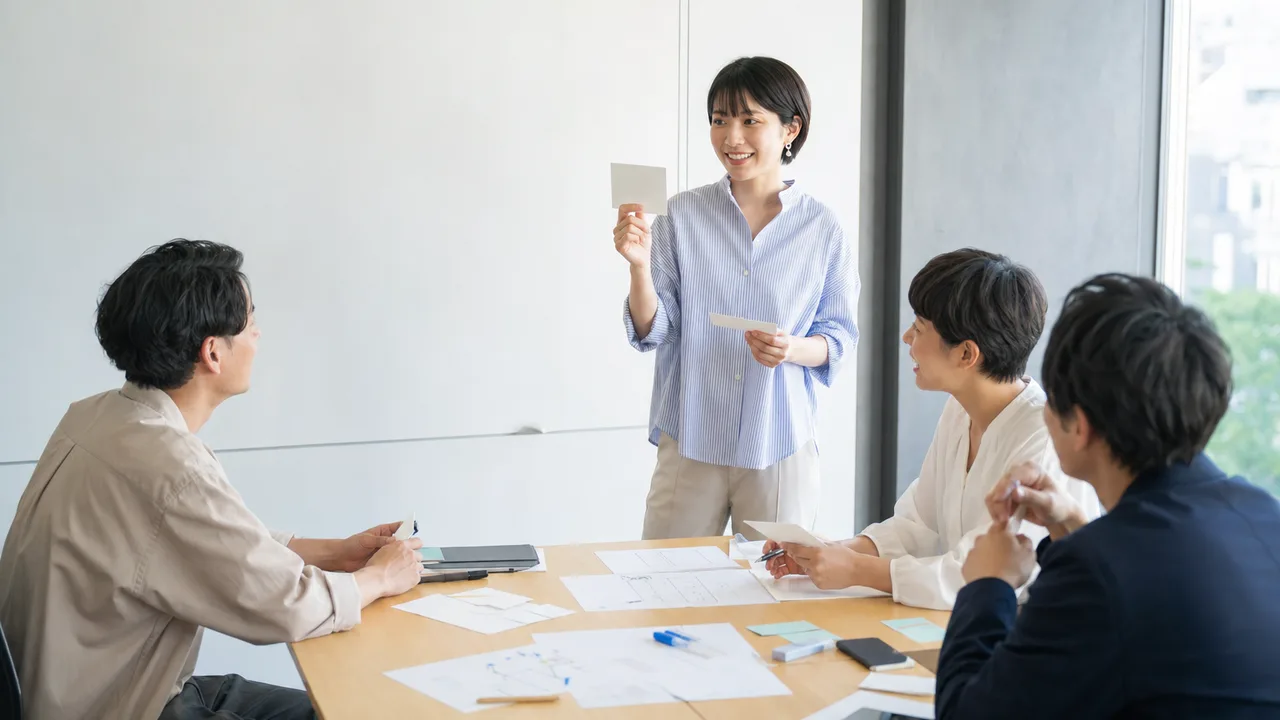 社員研修に参加する日本人会社員（横長・コピースペース）。社員研修、人材育成、社内教育、チームづくりの記事向け素材です。