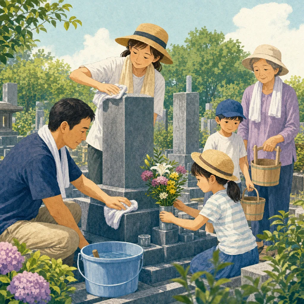 お盆に家族でお墓参りをする日本人（編集記事向け）。お盆、帰省、家族行事、供養を丁寧に伝える季節素材です。