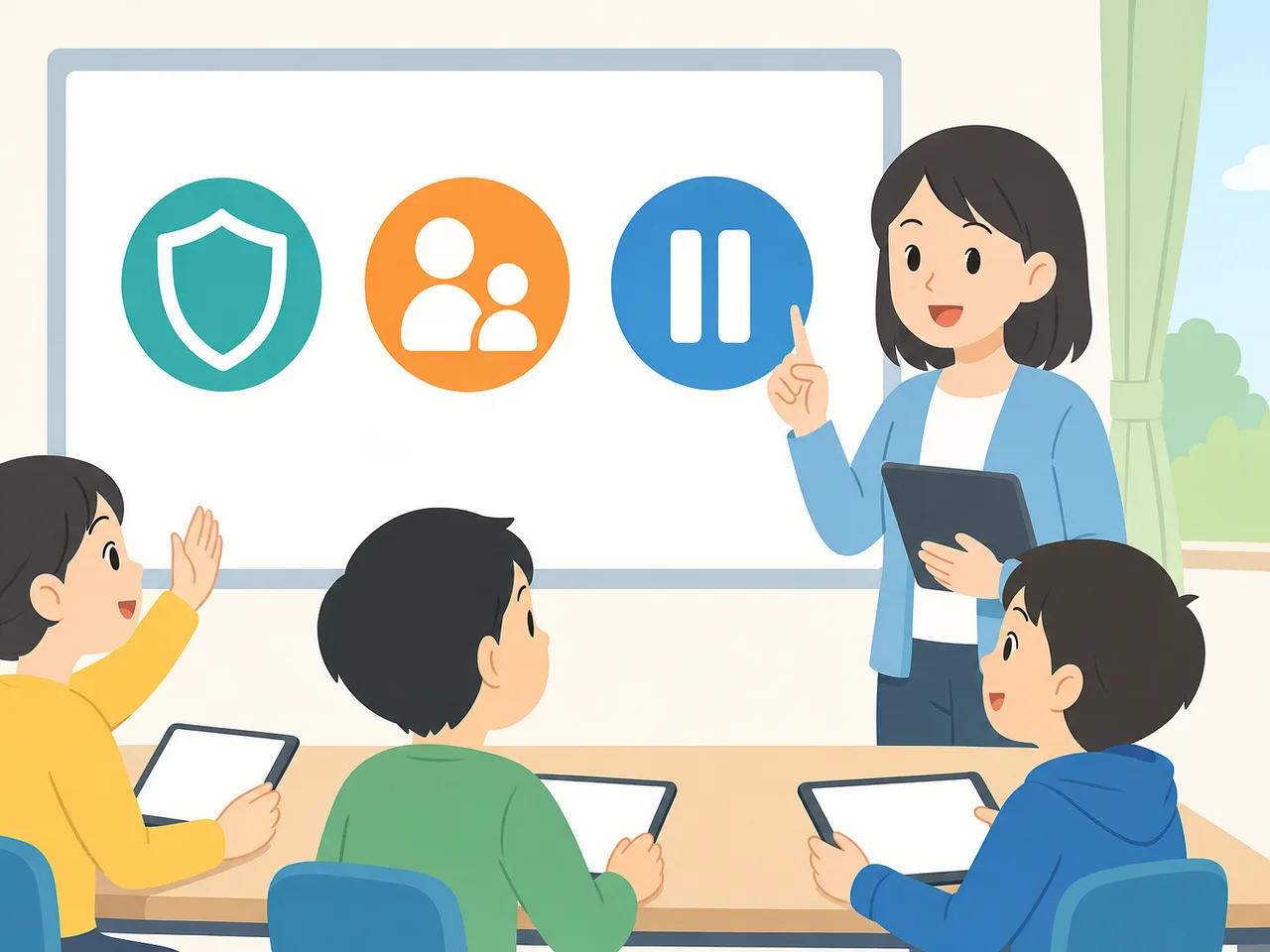 インターネット安全を学ぶ日本人の子ども（フラットイラスト）。ネット安全、情報モラル、子ども、インターネットの記事や案内に使える商用素材です。
